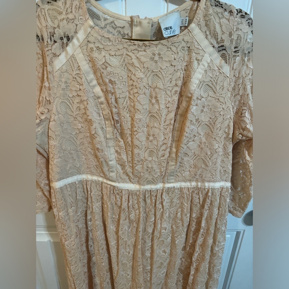 ASOS Curve Peach Lace Long Sleeve Drop Waist Dress - Picture 3 of 8